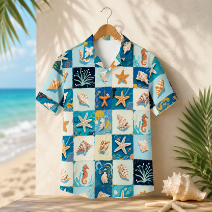HW-M222-Marine Starfish Hawaiian Shirt Apparel, Ocean Pattern Loungewear Vacation Summer Beach Resort Clothing
