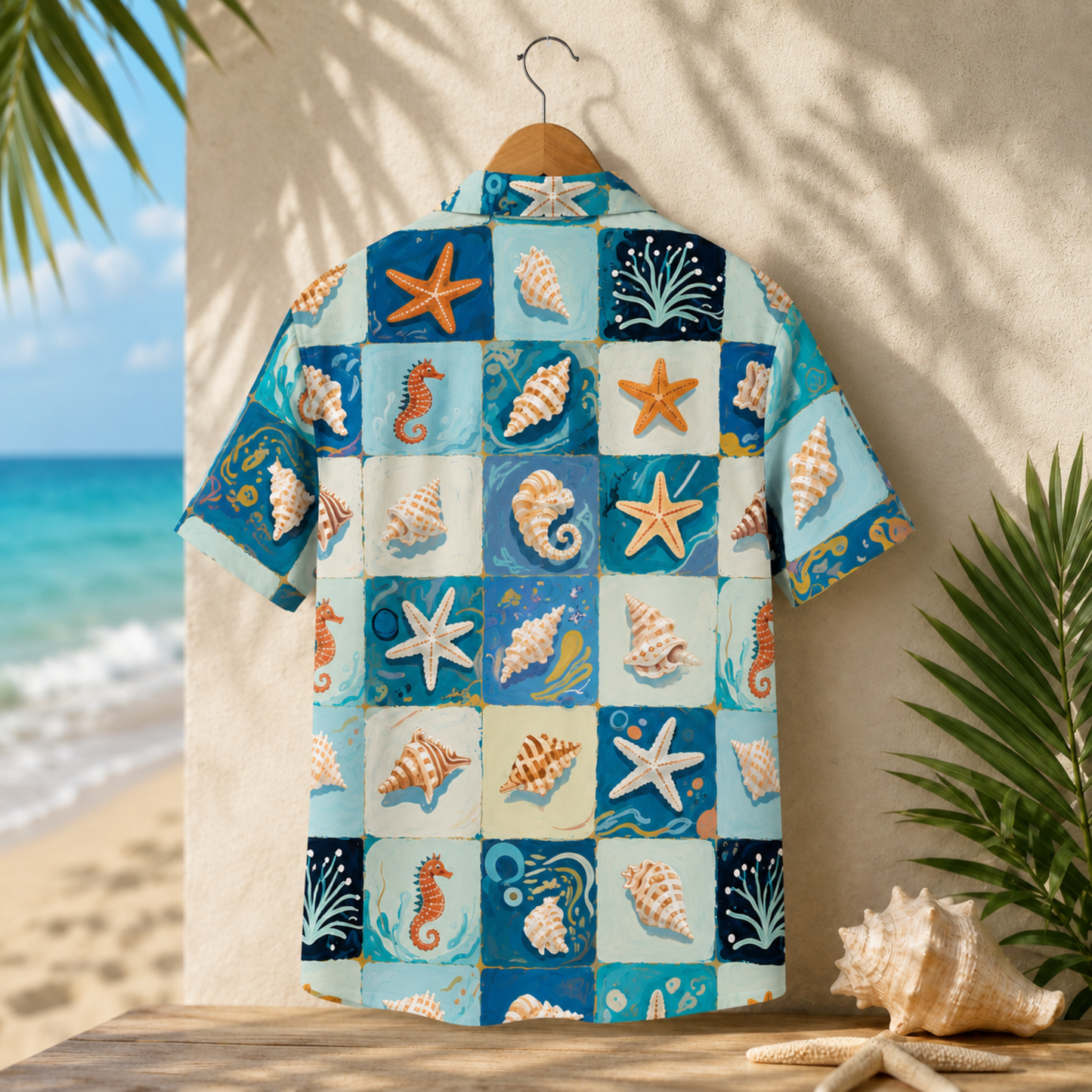 HW-M222-Marine Starfish Hawaiian Shirt Apparel, Ocean Pattern Loungewear Vacation Summer Beach Resort Clothing