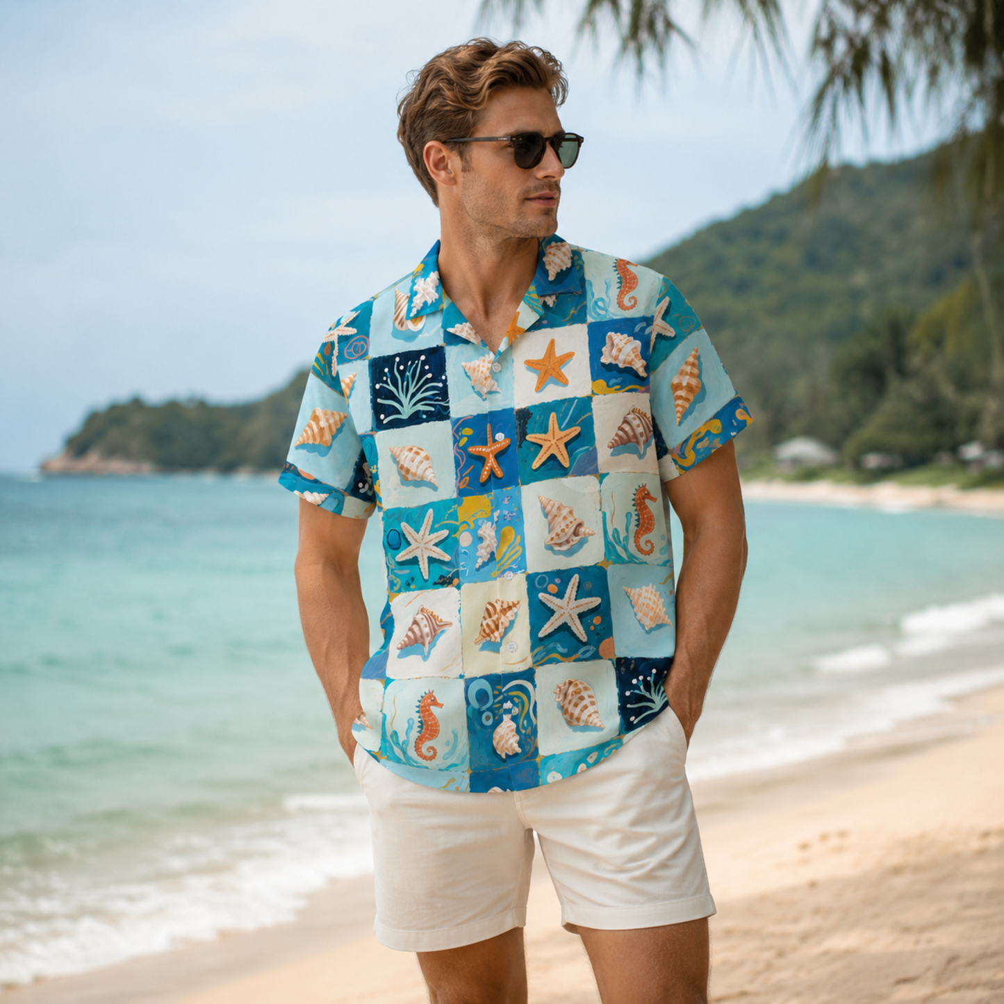 HW-M222-Marine Starfish Hawaiian Shirt Apparel, Ocean Pattern Loungewear Vacation Summer Beach Resort Clothing