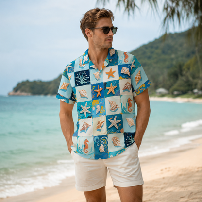 HW-M222-Marine Starfish Hawaiian Shirt Apparel, Ocean Pattern Loungewear Vacation Summer Beach Resort Clothing
