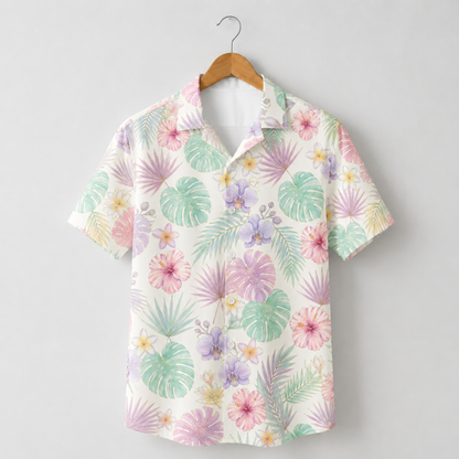 HW-M223-Pastel Poly Hawaiian Shirt Apparel, Floral Pattern Loungewear Vacation Summer Beach Resort Clothing