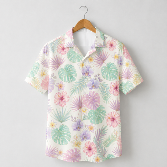 HW-M223-Pastel Poly Hawaiian Shirt Apparel, Floral Pattern Loungewear Vacation Summer Beach Resort Clothing