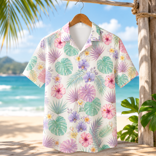 HW-M223-Pastel Poly Hawaiian Shirt Apparel, Floral Pattern Loungewear Vacation Summer Beach Resort Clothing