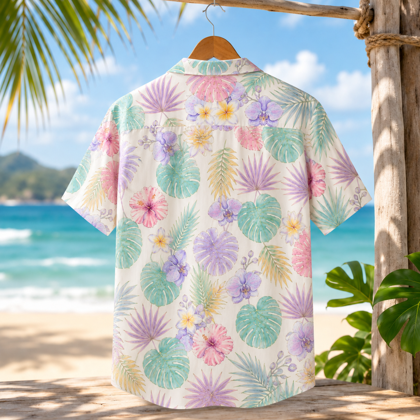 HW-M223-Pastel Poly Hawaiian Shirt Apparel, Floral Pattern Loungewear Vacation Summer Beach Resort Clothing