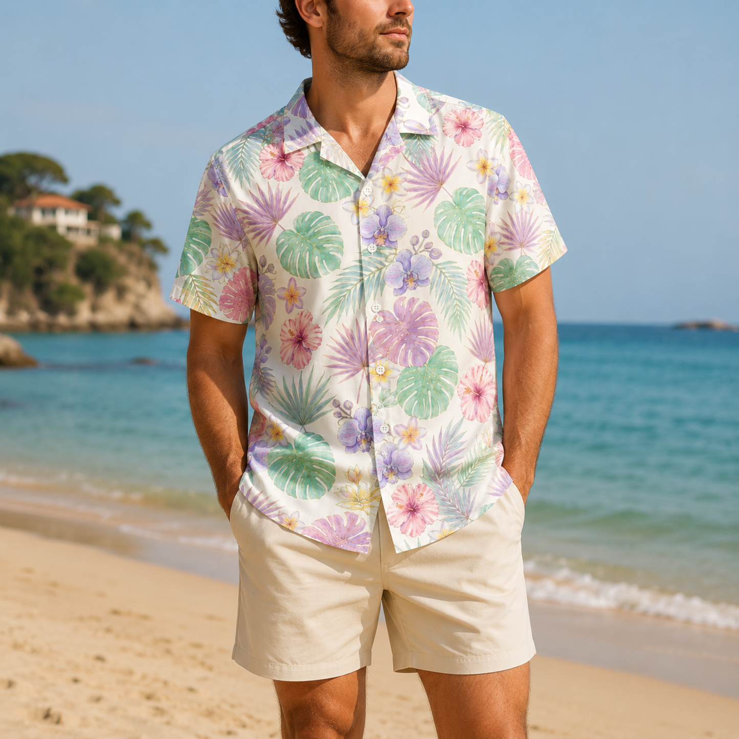 HW-M223-Pastel Poly Hawaiian Shirt Apparel, Floral Pattern Loungewear Vacation Summer Beach Resort Clothing