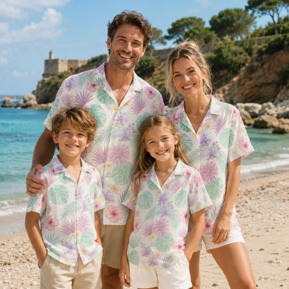 HW-M223-Pastel Poly Hawaiian Shirt Apparel, Floral Pattern Loungewear Vacation Summer Beach Resort Clothing