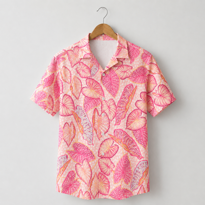 HW-M224-Pink Poly Hawaiian Shirt Apparel, Botanical Pattern Loungewear Vacation Summer Beach Resort Clothing