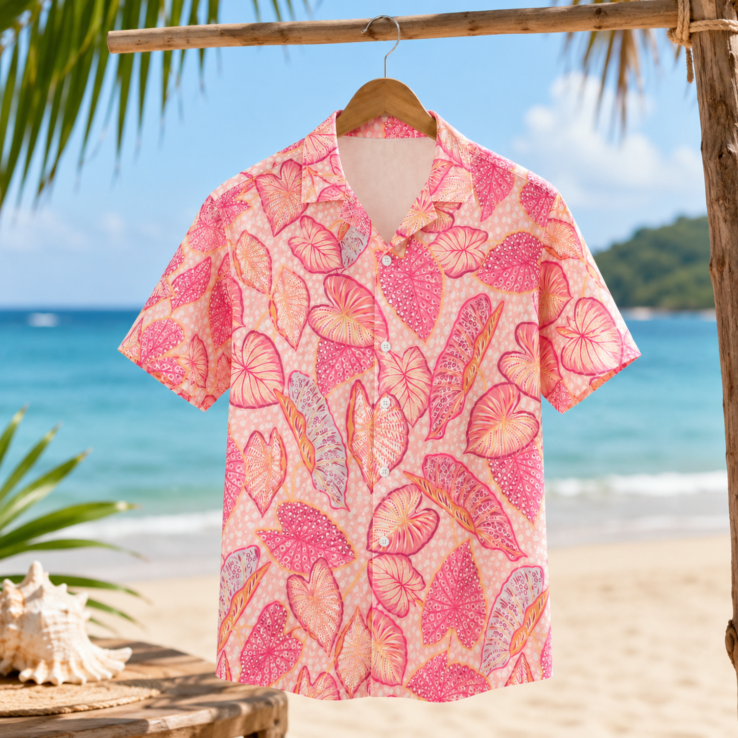 HW-M224-Pink Poly Hawaiian Shirt Apparel, Botanical Pattern Loungewear Vacation Summer Beach Resort Clothing