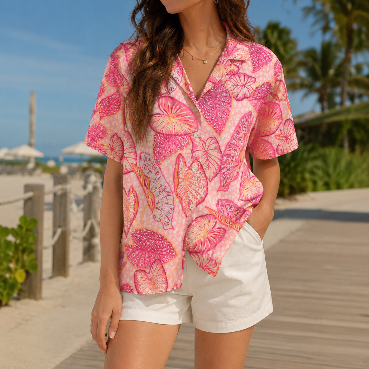 HW-M224-Pink Poly Hawaiian Shirt Apparel, Botanical Pattern Loungewear Vacation Summer Beach Resort Clothing