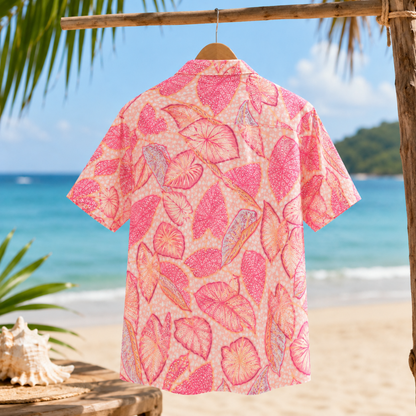 HW-M224-Pink Poly Hawaiian Shirt Apparel, Botanical Pattern Loungewear Vacation Summer Beach Resort Clothing