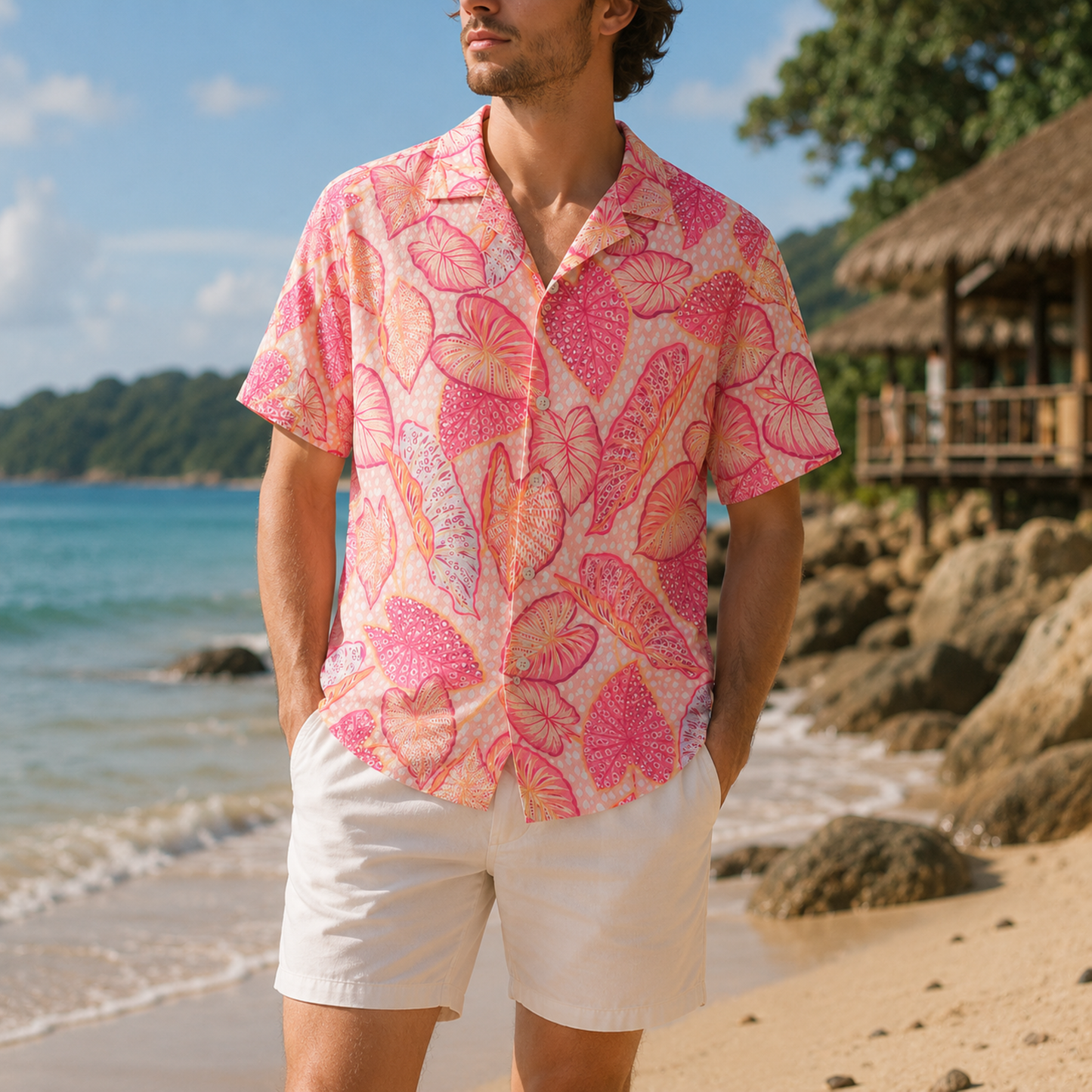 HW-M224-Pink Poly Hawaiian Shirt Apparel, Botanical Pattern Loungewear Vacation Summer Beach Resort Clothing