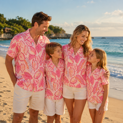 HW-M224-Pink Poly Hawaiian Shirt Apparel, Botanical Pattern Loungewear Vacation Summer Beach Resort Clothing