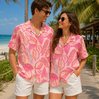 HW-M224-Pink Poly Hawaiian Shirt Apparel, Botanical Pattern Loungewear Vacation Summer Beach Resort Clothing