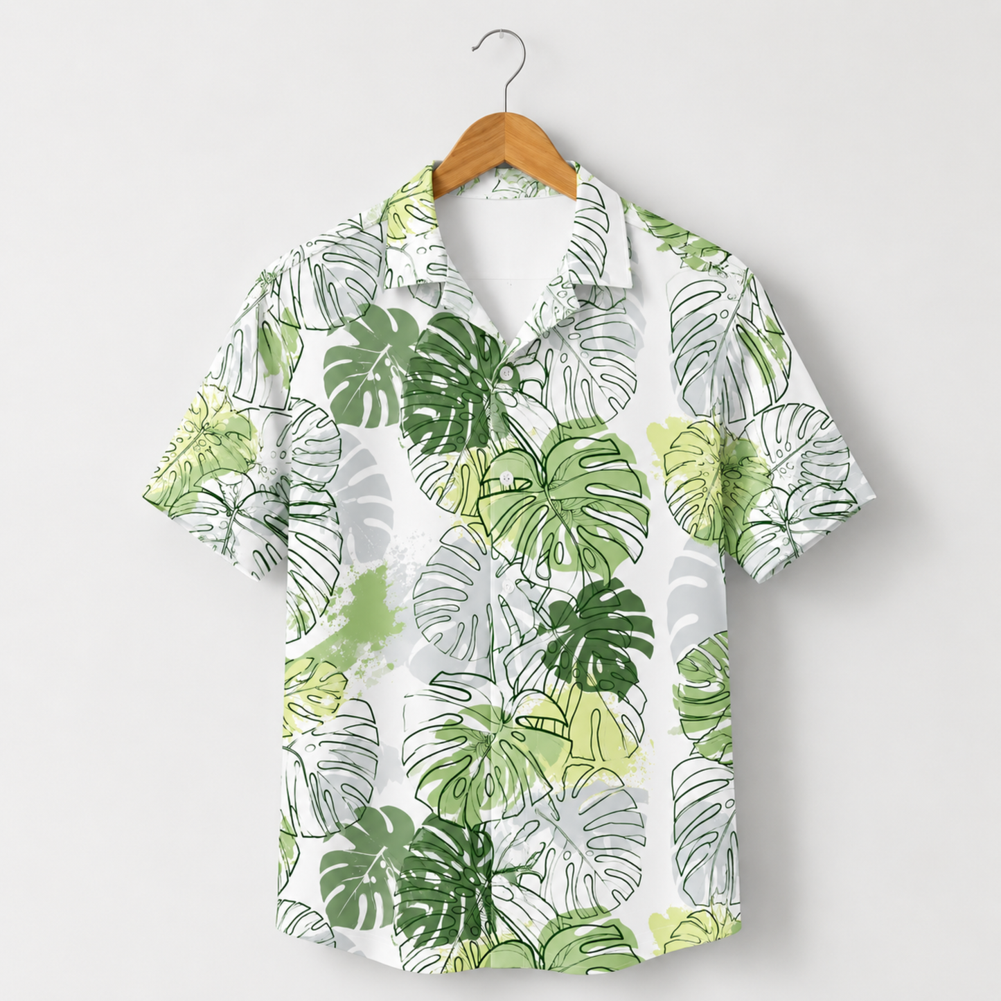 HW-M225-White Hawaiian Shirt Apparel, Botanical Pattern Loungewear Vacation Summer Beach Resort Clothing