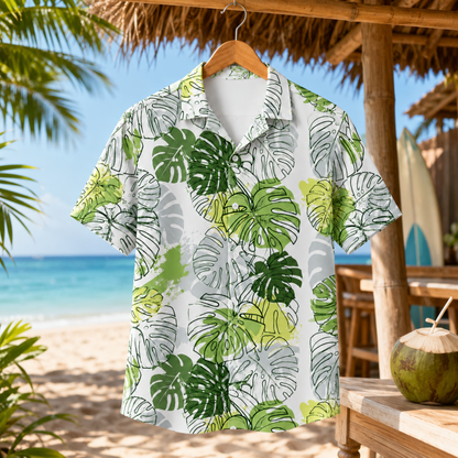 HW-M225-White Hawaiian Shirt Apparel, Botanical Pattern Loungewear Vacation Summer Beach Resort Clothing