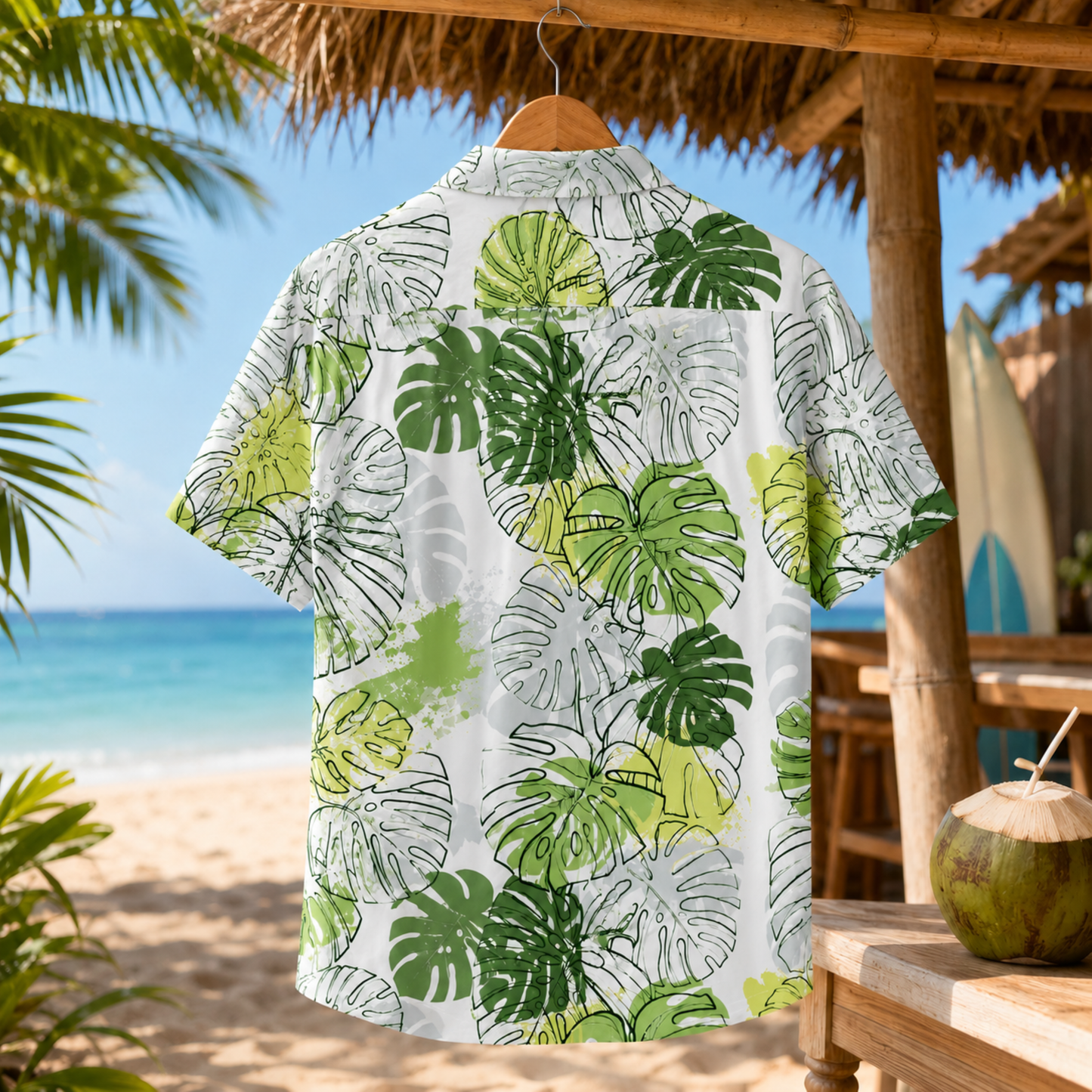HW-M225-White Hawaiian Shirt Apparel, Botanical Pattern Loungewear Vacation Summer Beach Resort Clothing
