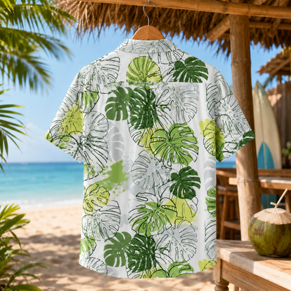 HW-M225-White Hawaiian Shirt Apparel, Botanical Pattern Loungewear Vacation Summer Beach Resort Clothing