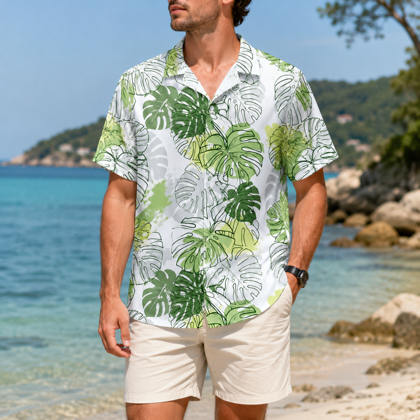 HW-M225-White Hawaiian Shirt Apparel, Botanical Pattern Loungewear Vacation Summer Beach Resort Clothing