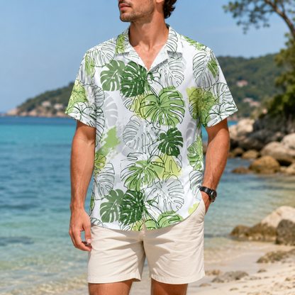 HW-M225-White Hawaiian Shirt Apparel, Botanical Pattern Loungewear Vacation Summer Beach Resort Clothing