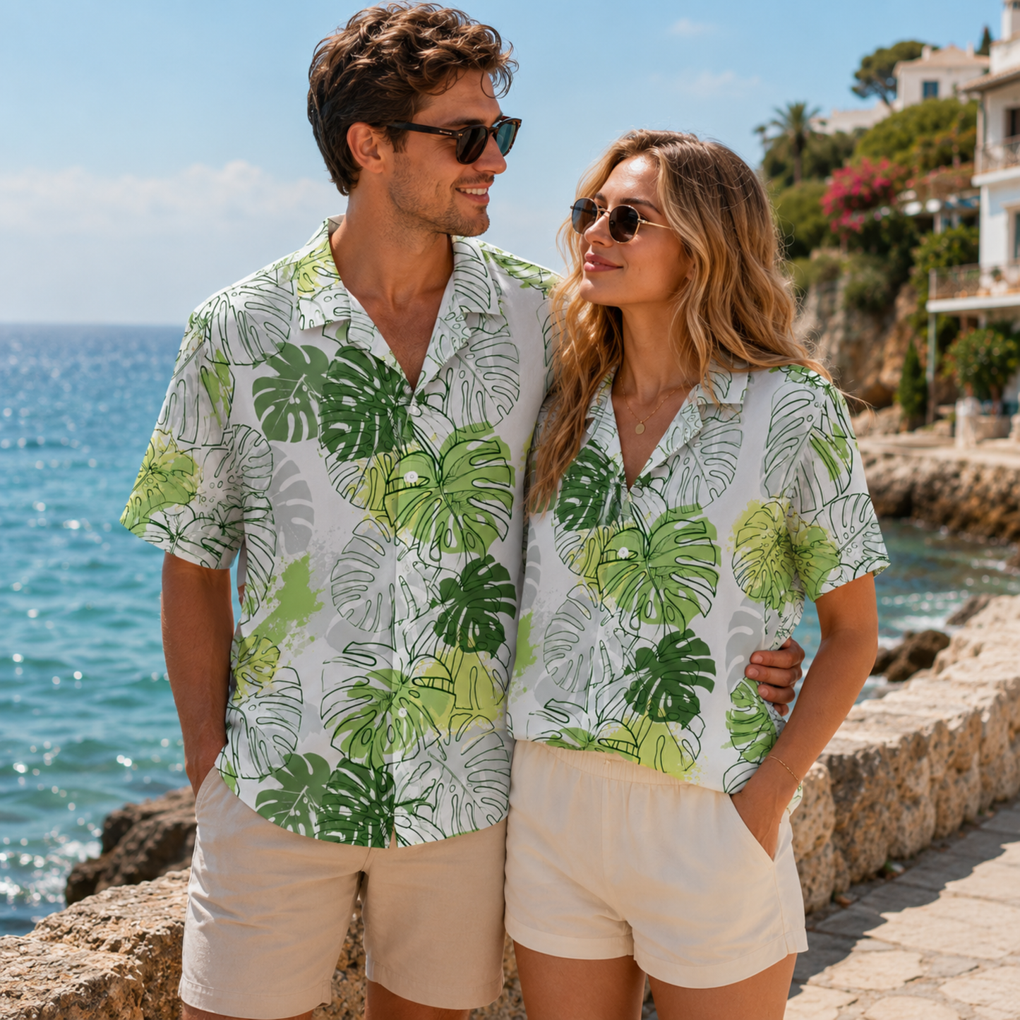 HW-M225-White Hawaiian Shirt Apparel, Botanical Pattern Loungewear Vacation Summer Beach Resort Clothing