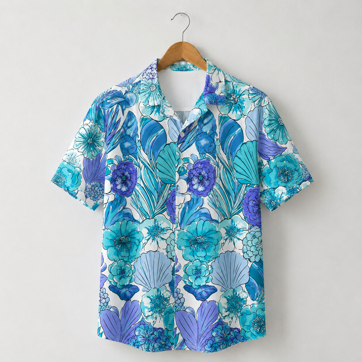 HW-M226-Blue Poly Hawaiian Shirt Apparel, Botanical Pattern Loungewear Vacation Summer Beach Resort Clothing