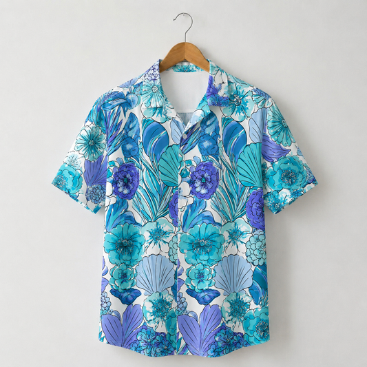 HW-M226-Blue Poly Hawaiian Shirt Apparel, Botanical Pattern Loungewear Vacation Summer Beach Resort Clothing