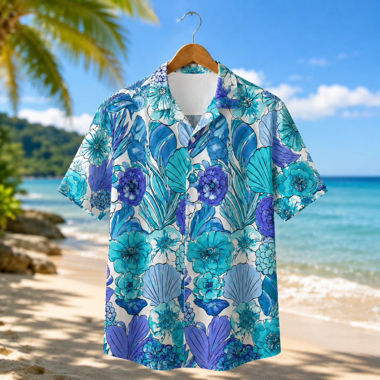 HW-M226-Blue Poly Hawaiian Shirt Apparel, Botanical Pattern Loungewear Vacation Summer Beach Resort Clothing