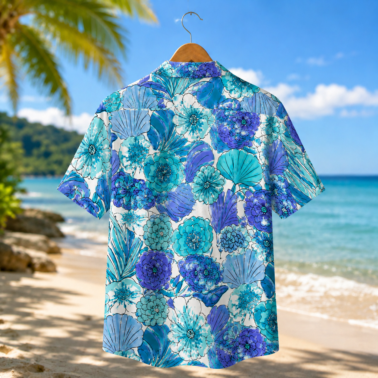 HW-M226-Blue Poly Hawaiian Shirt Apparel, Botanical Pattern Loungewear Vacation Summer Beach Resort Clothing