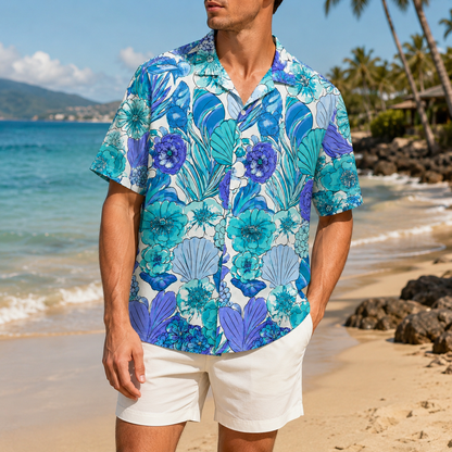 HW-M226-Blue Poly Hawaiian Shirt Apparel, Botanical Pattern Loungewear Vacation Summer Beach Resort Clothing