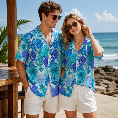 HW-M226-Blue Poly Hawaiian Shirt Apparel, Botanical Pattern Loungewear Vacation Summer Beach Resort Clothing