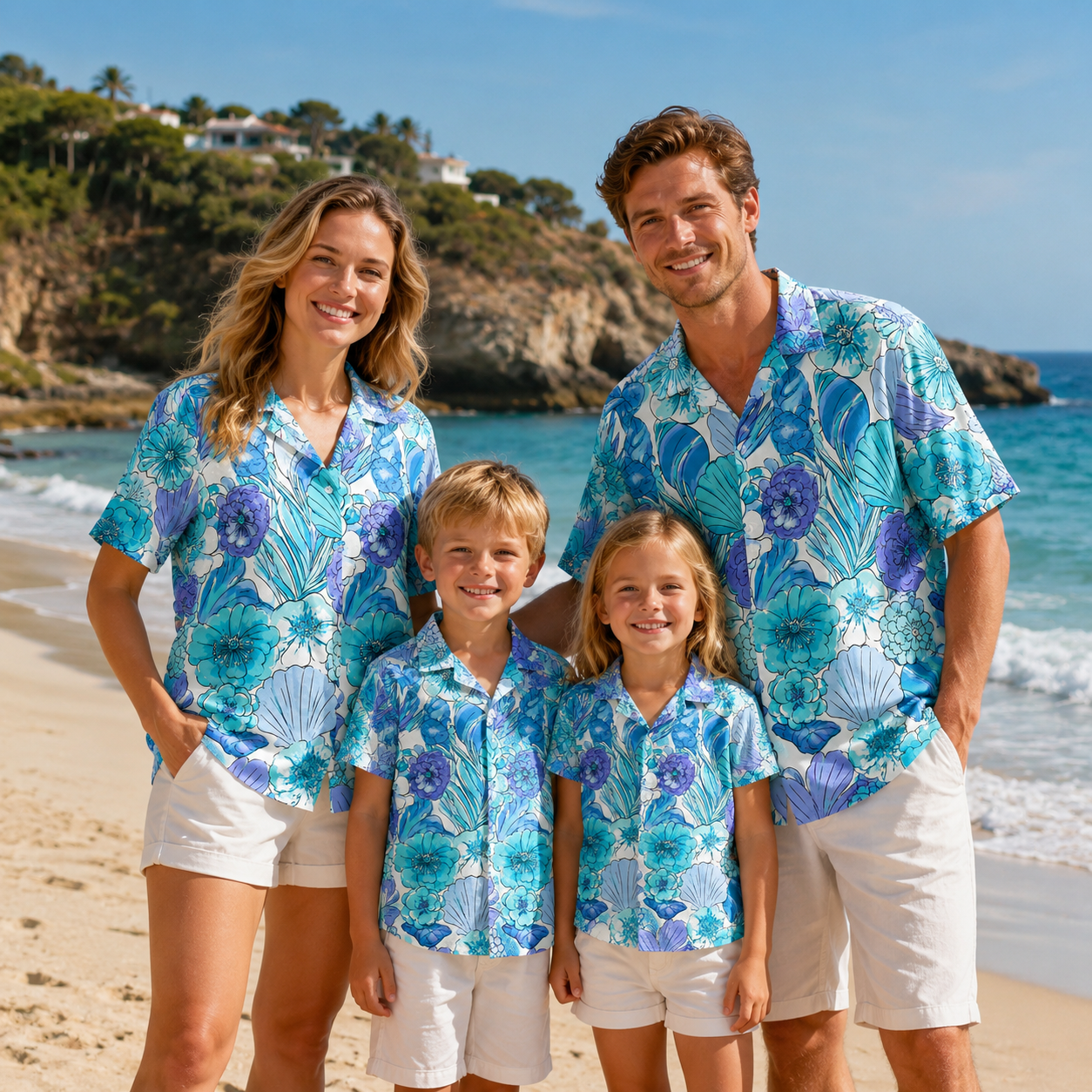 HW-M226-Blue Poly Hawaiian Shirt Apparel, Botanical Pattern Loungewear Vacation Summer Beach Resort Clothing