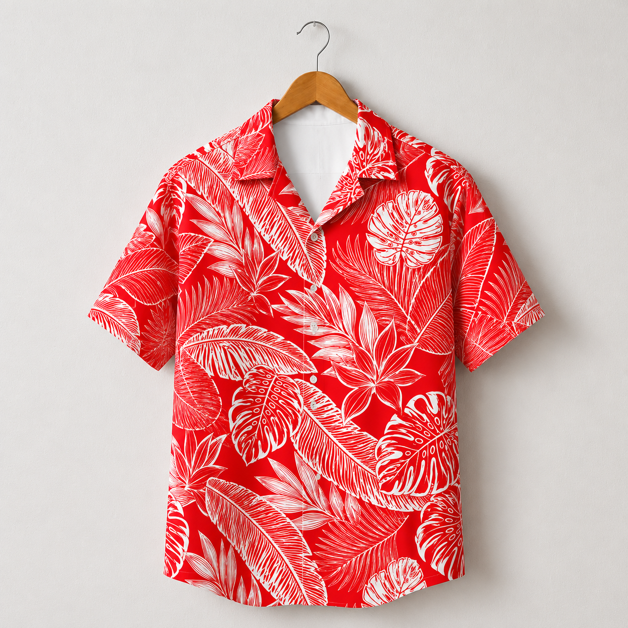 HW-M227-Red Poly Hawaiian Shirt Apparel, Botanical Pattern Loungewear Vacation Summer Beach Resort Clothing