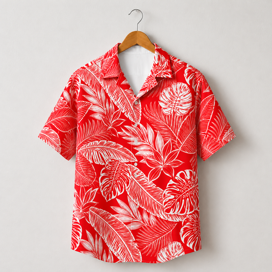 HW-M227-Red Poly Hawaiian Shirt Apparel, Botanical Pattern Loungewear Vacation Summer Beach Resort Clothing