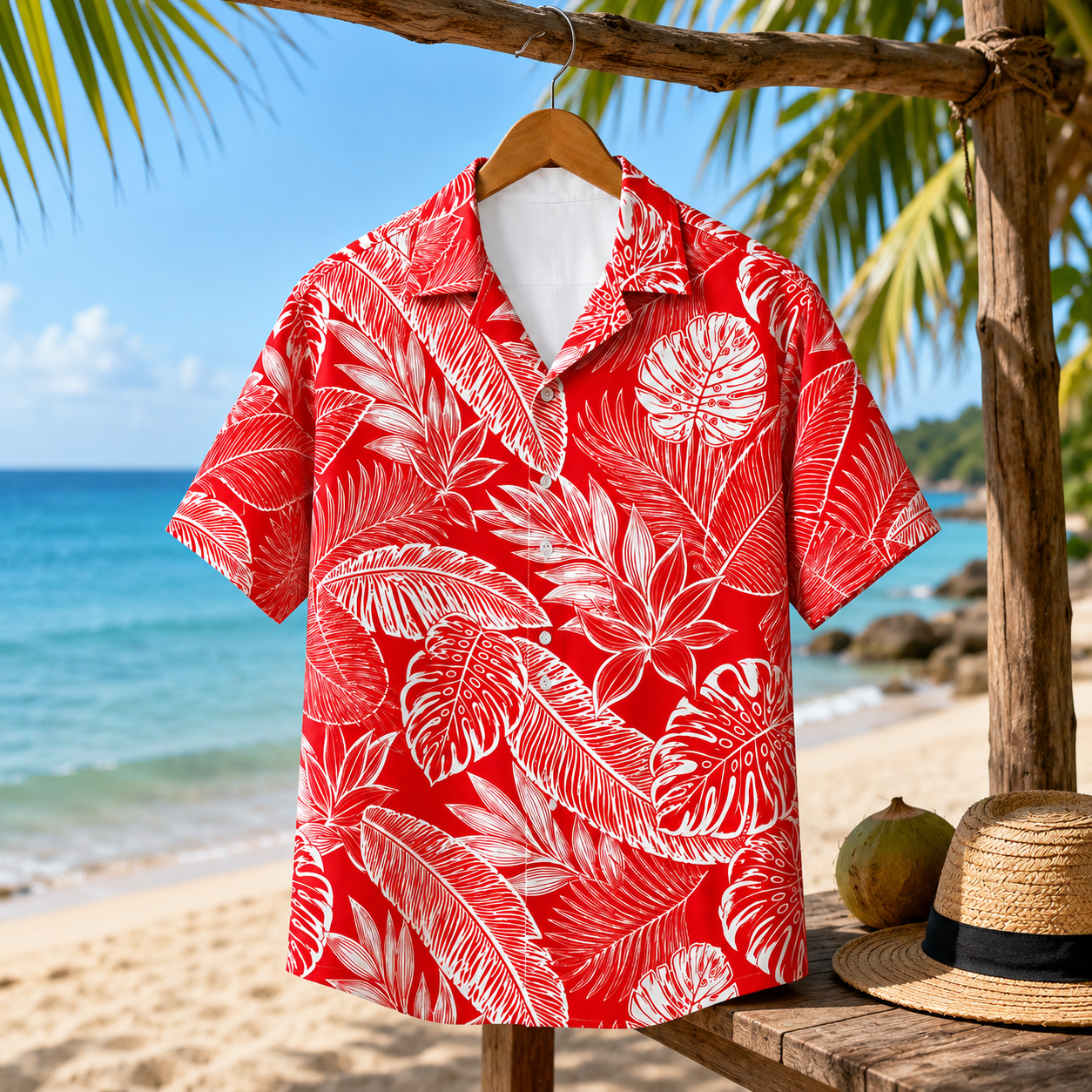 HW-M227-Red Poly Hawaiian Shirt Apparel, Botanical Pattern Loungewear Vacation Summer Beach Resort Clothing
