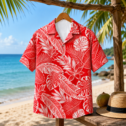 HW-M227-Red Poly Hawaiian Shirt Apparel, Botanical Pattern Loungewear Vacation Summer Beach Resort Clothing
