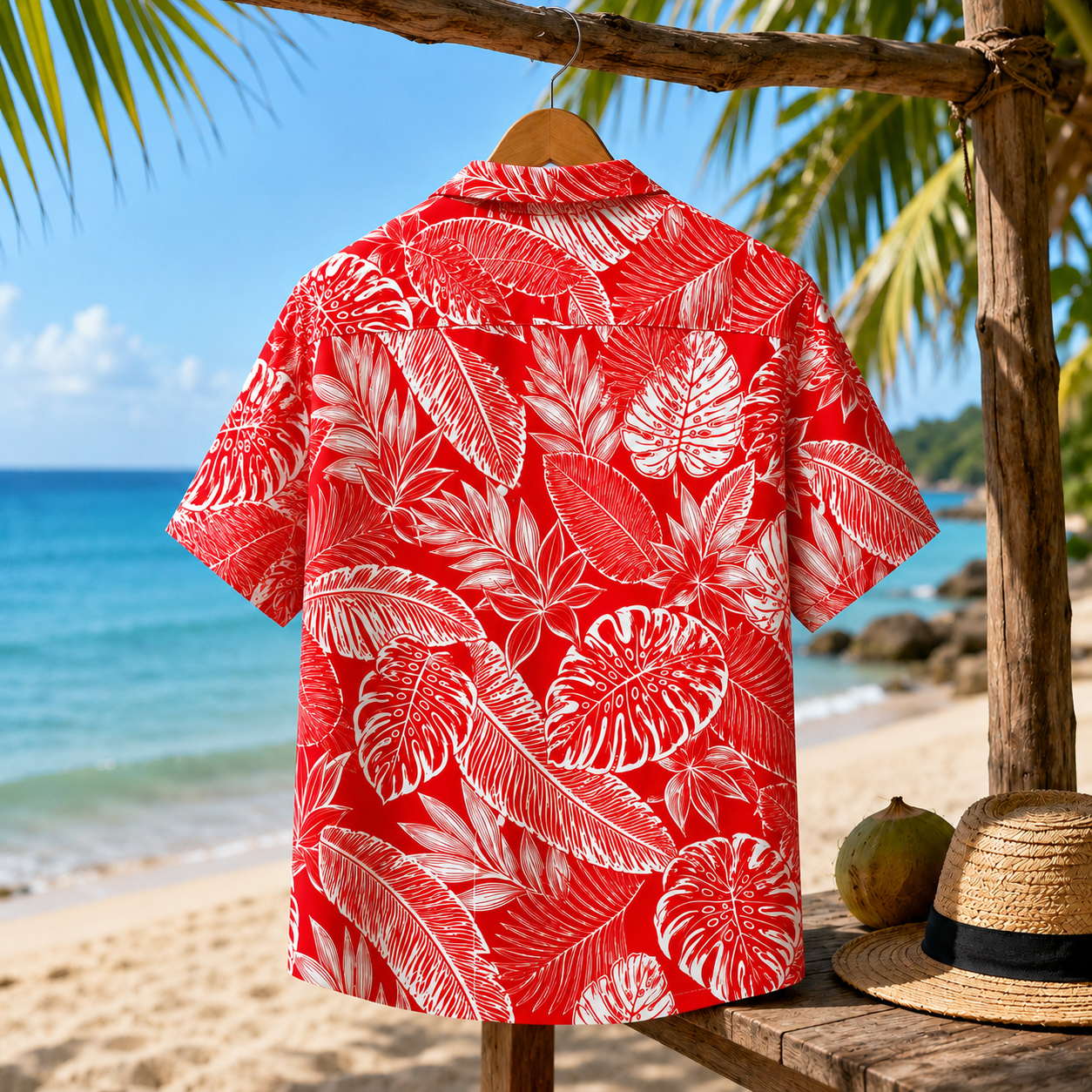 HW-M227-Red Poly Hawaiian Shirt Apparel, Botanical Pattern Loungewear Vacation Summer Beach Resort Clothing