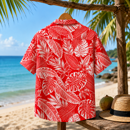 HW-M227-Red Poly Hawaiian Shirt Apparel, Botanical Pattern Loungewear Vacation Summer Beach Resort Clothing