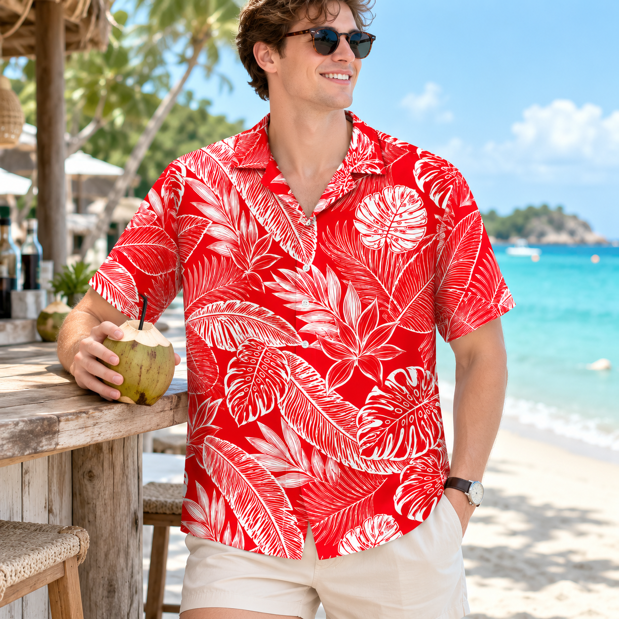 HW-M227-Red Poly Hawaiian Shirt Apparel, Botanical Pattern Loungewear Vacation Summer Beach Resort Clothing