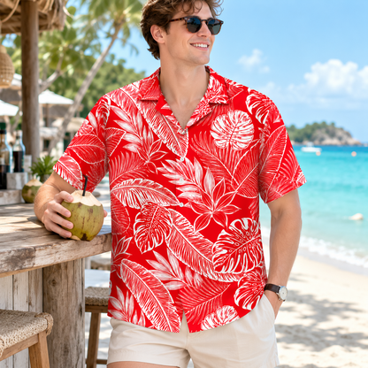 HW-M227-Red Poly Hawaiian Shirt Apparel, Botanical Pattern Loungewear Vacation Summer Beach Resort Clothing