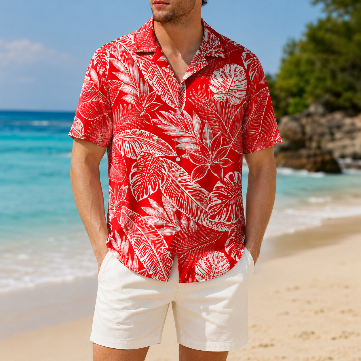 HW-M227-Red Poly Hawaiian Shirt Apparel, Botanical Pattern Loungewear Vacation Summer Beach Resort Clothing