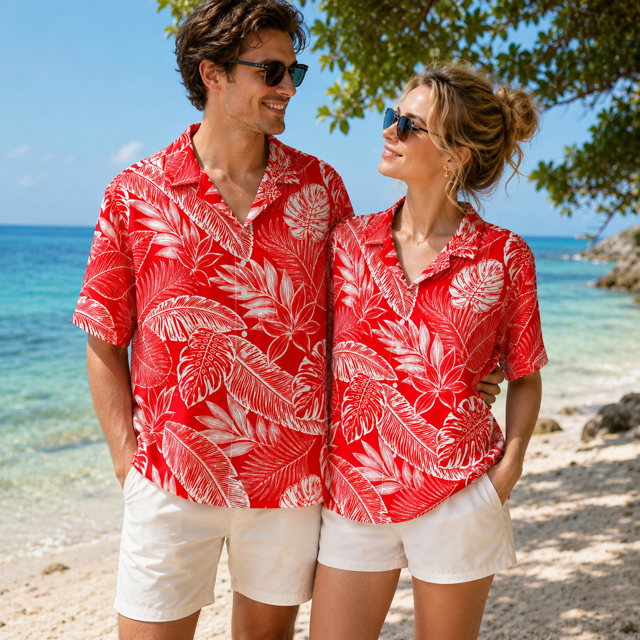 HW-M227-Red Poly Hawaiian Shirt Apparel, Botanical Pattern Loungewear Vacation Summer Beach Resort Clothing