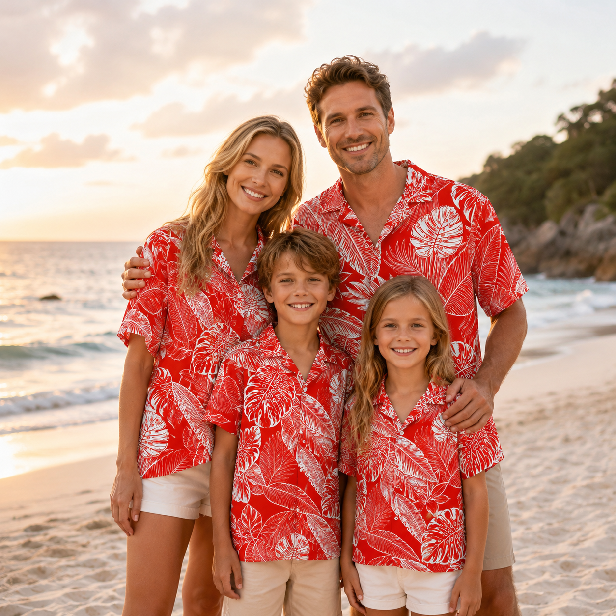 HW-M227-Red Poly Hawaiian Shirt Apparel, Botanical Pattern Loungewear Vacation Summer Beach Resort Clothing