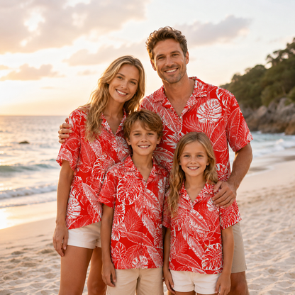 HW-M227-Red Poly Hawaiian Shirt Apparel, Botanical Pattern Loungewear Vacation Summer Beach Resort Clothing