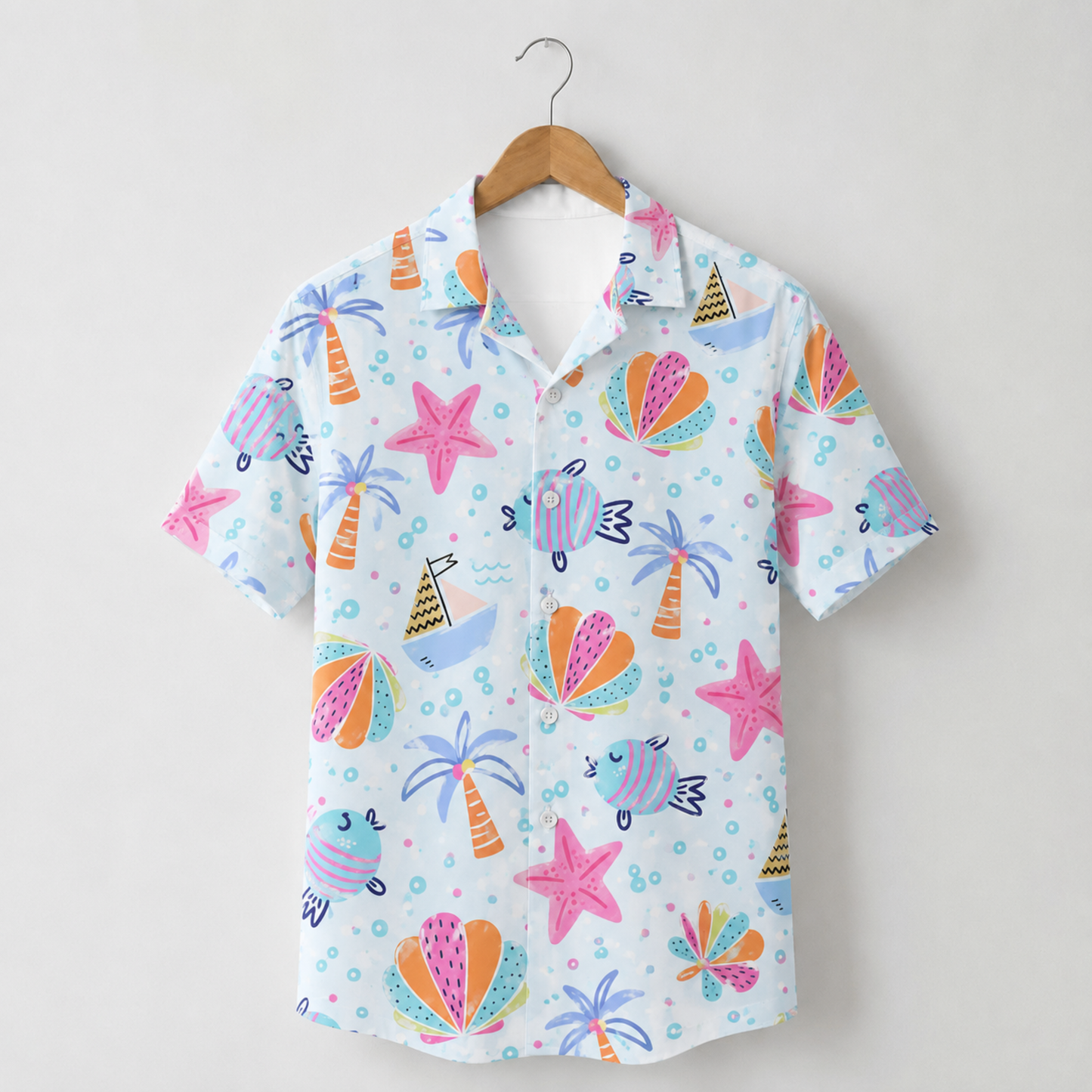 HW-M228-Fabric Aesthetic Hawaiian Shirt Apparel, Whimsical Marine Graphic Loungewear Vacation Summer Resort Raiment