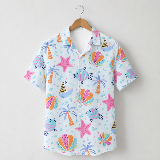 HW-M228-Fabric Aesthetic Hawaiian Shirt Apparel, Whimsical Marine Graphic Loungewear Vacation Summer Resort Raiment