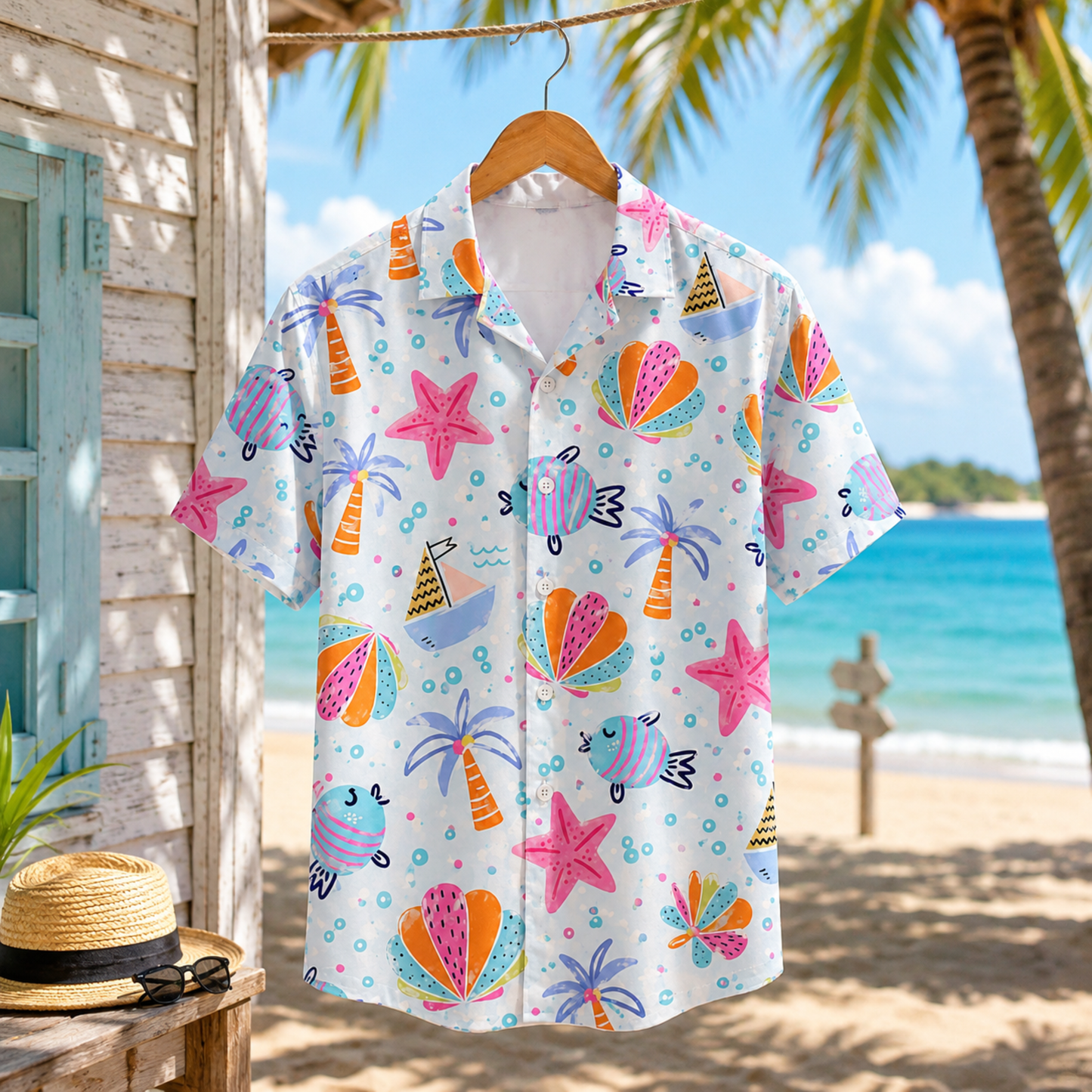 HW-M228-Fabric Aesthetic Hawaiian Shirt Apparel, Whimsical Marine Graphic Loungewear Vacation Summer Resort Raiment