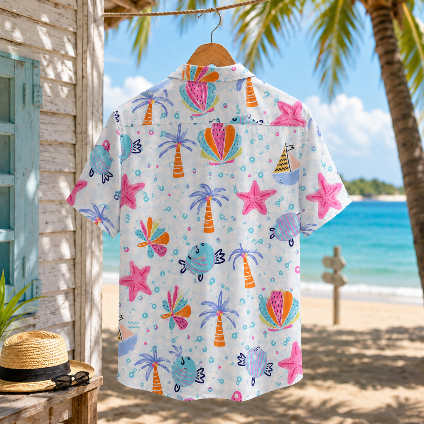 HW-M228-Fabric Aesthetic Hawaiian Shirt Apparel, Whimsical Marine Graphic Loungewear Vacation Summer Resort Raiment