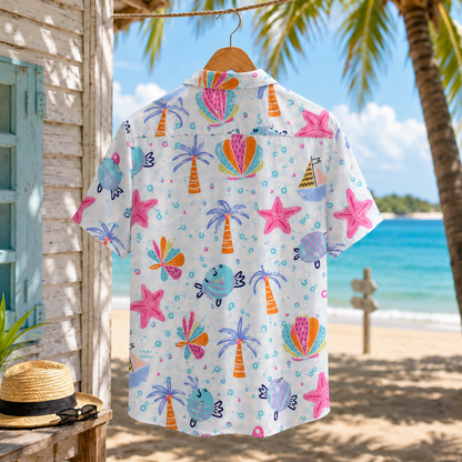 HW-M228-Fabric Aesthetic Hawaiian Shirt Apparel, Whimsical Marine Graphic Loungewear Vacation Summer Resort Raiment