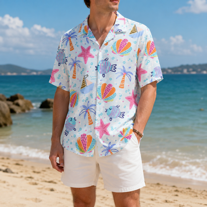 HW-M228-Fabric Aesthetic Hawaiian Shirt Apparel, Whimsical Marine Graphic Loungewear Vacation Summer Resort Raiment