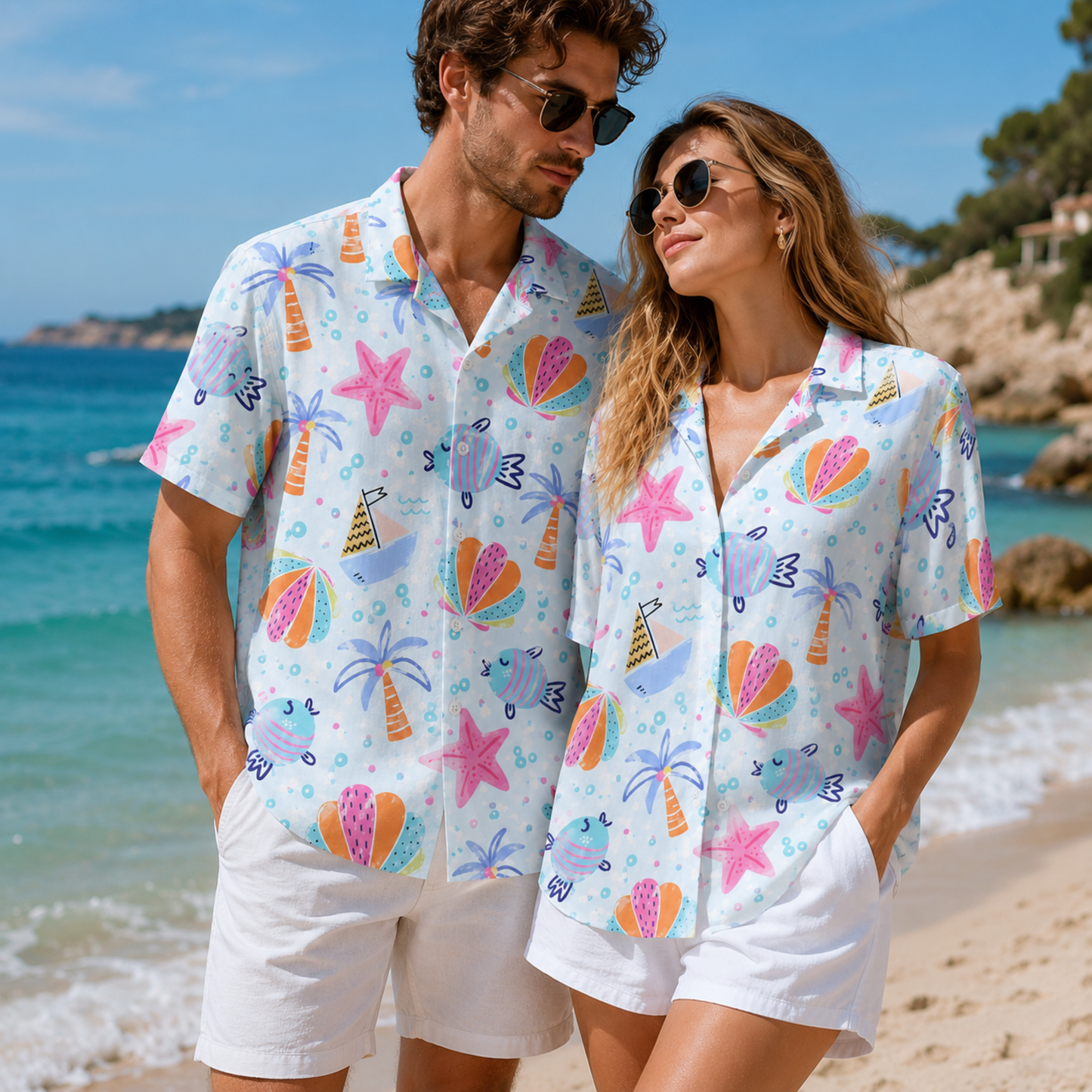 HW-M228-Fabric Aesthetic Hawaiian Shirt Apparel, Whimsical Marine Graphic Loungewear Vacation Summer Resort Raiment